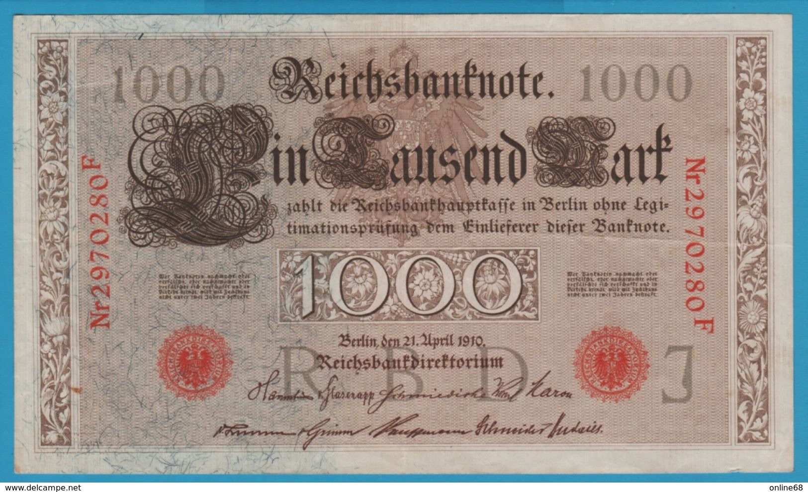 DEUTSCHES REICH 1000 MARK 21.4.1910 SERIE 2970280F P# 44b  VF - 1000 Mark