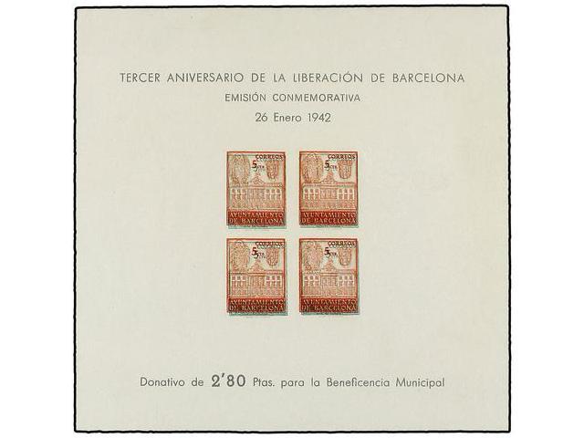 870 (*) ESPAÑA: AYUNTAMIENTO DE BARCELONA. Ed.38s+39s. <B>HB 5 Cts. + 5 Cts. + 5 Cts.</B> <B>+ 5 Cts. SIN DENTAR</B> Y < - Otros & Sin Clasificación