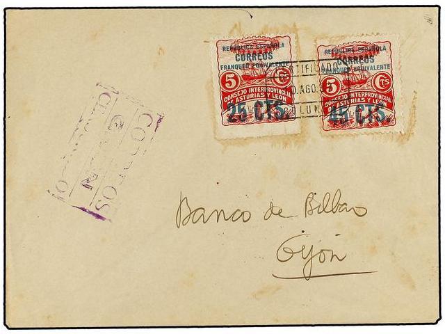 883 ESPAÑA: ASTURIAS Y LEON. Ed.8, 9. 1937. COLUNGA A GIJÓN. <B>25 Cts.</B> <B>s. 5 Cts.</B> Rojo Y <B>45 Cts. S. 5 Cts. - Autres & Non Classés