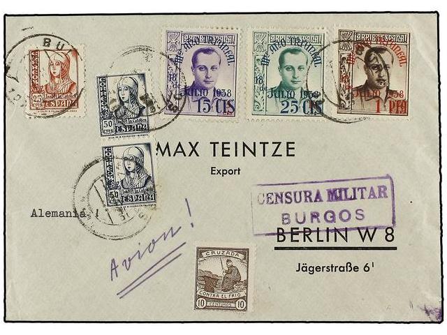 887 ESPAÑA: BENEFICENCIA. Ed.NE21, NE22, NE25. 1938. BURGOS A BERLIN. <B>25 Cts.</B> <B>50 Cts.</B> (2) Y Tres Sellos No - Autres & Non Classés