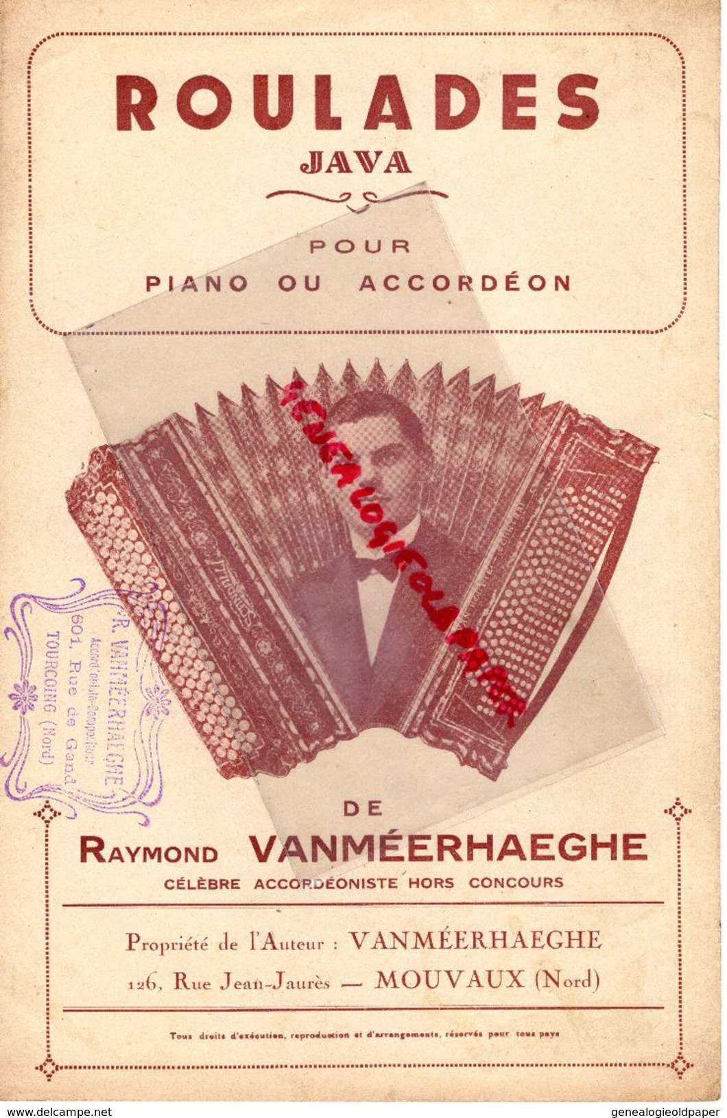 59- MOUVAUX-TOURCOING-PARTITION MUSIQUE ROULADES-JAVA PIANO ACCORDEON-RAYMOND VANMEERHAEGHE-126 RUE JEAN JAURES-RARE - Partitions Musicales Anciennes