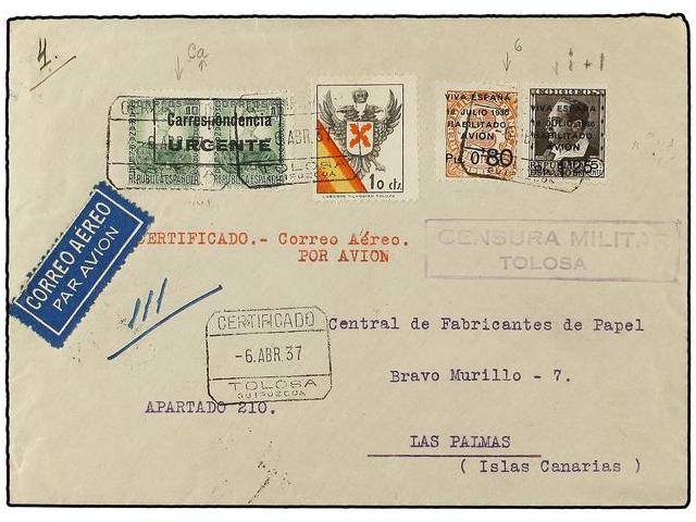 929 ESPAÑA E. LOCALES PATRIOTICAS: BURGOS. Ed.44he. 1937. TOLOSA A LAS PALMAS. <B>10 + 10 Cts.</B> Verde<B> ERROR 'CARRE - Autres & Non Classés