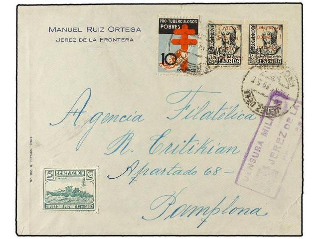 930 ESPAÑA E. LOCALES PATRIOTICAS: JEREZ DE LA FRONTERA. Ed.19hphi. 1939. JEREZ A PAMPLONA. <B>15 Cts.</B> Gris Pareja,  - Otros & Sin Clasificación