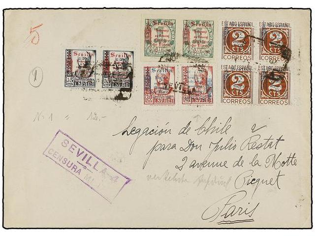 946 ESPAÑA E. LOCALES PATRIOTICAS: SEVILLA. Ed.84hphi, 80, 82/83. 1938. SEVILLA A PARÍS. Precioso Franqueo Incluyendo El - Sonstige & Ohne Zuordnung