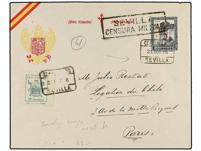 947 ESPAÑA E. LOCALES PATRIOTICAS: SEVILLA. Ed.13hcc. 1936. SEVILLA A PARÍS. <B>1 Pta.</B> Negro<B> HABILITACIÓN EN ROJO - Autres & Non Classés