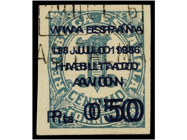 950 ° ESPAÑA: CANARIAS. Ed.1hh. <B>50 Cts. S. 1 Cto.</B> Verde<B> SOBRECARGA DOBLE.</B> RARÍSIMO, Sólo Existen 10 Sellos - Autres & Non Classés