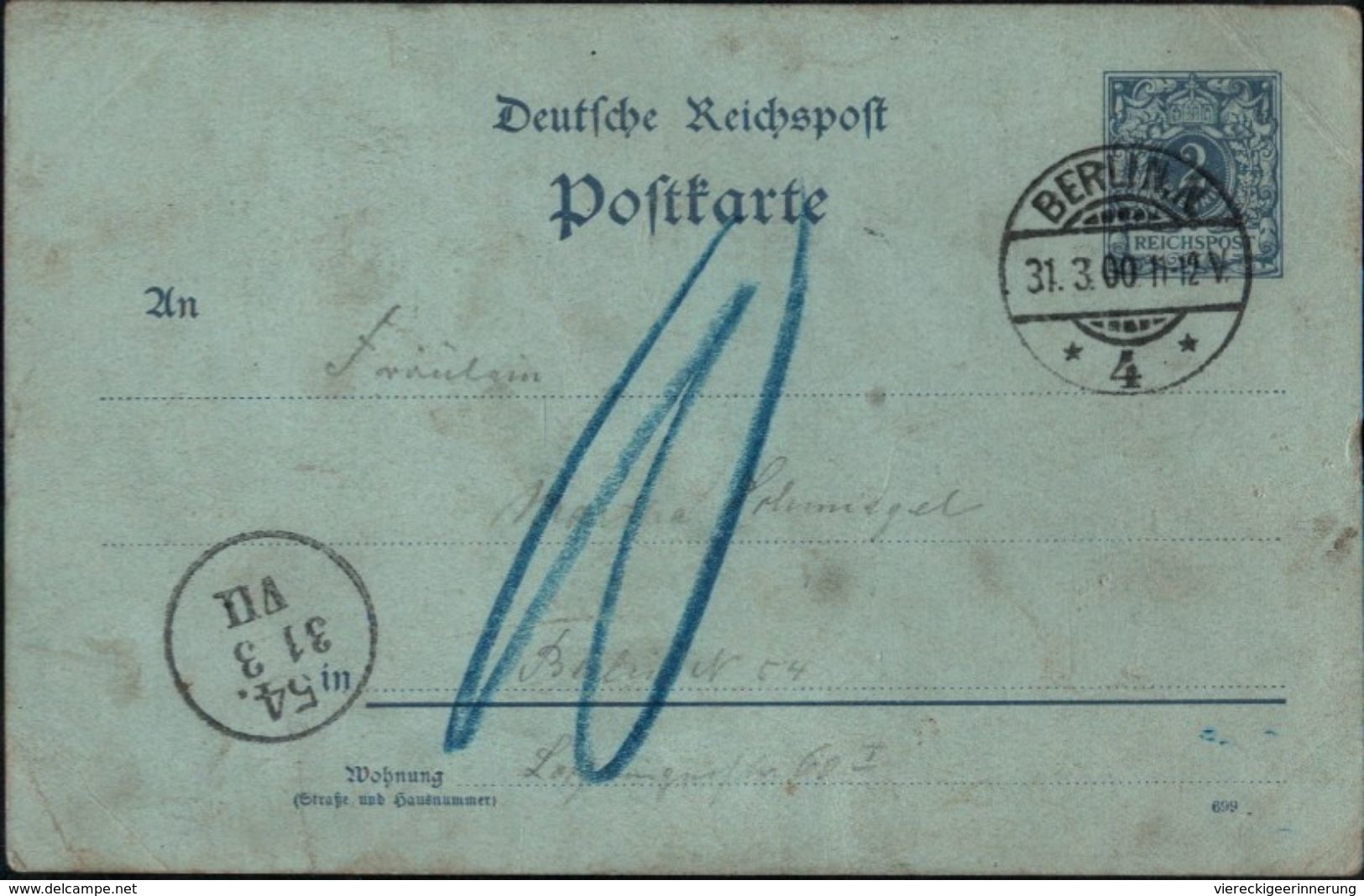 ! 31.3.1900 Ganzsache 2 Pfennig Deutsches Reich, Stempel Berlin, Nachgebühr, Vorersttag - Briefe U. Dokumente