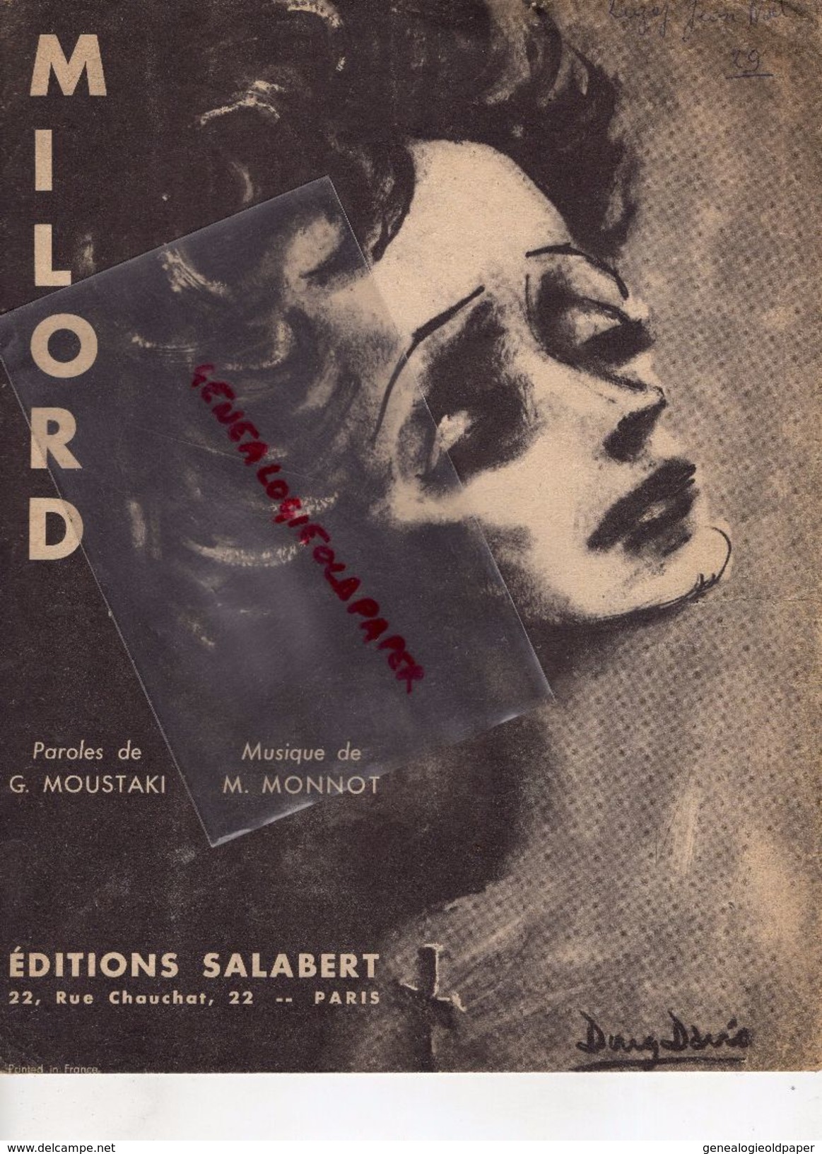 -PARTITION MUSIQUE - MILORD- GEORGE MOUSTAKI-M.MONNOT-EDITIONS SALABERT-PARIS- EDITH PIAF - Scores & Partitions