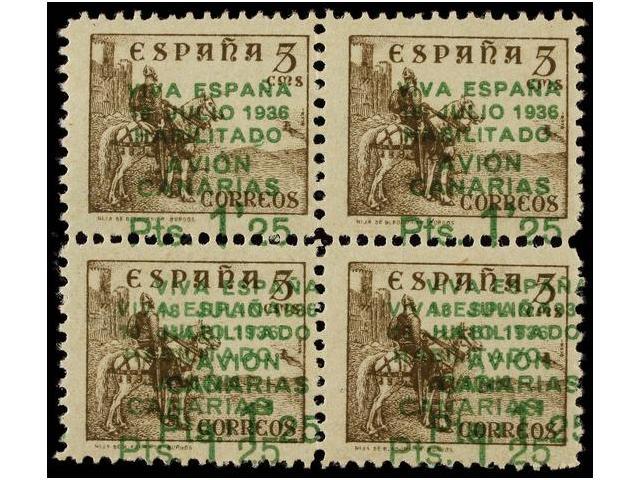 980 ** ESPAÑA: CANARIAS. Ed.10hh (2). <B>1,25 Pts. S. 5 Cts.</B> Castaño. Bloque De Cuatro, Sellos Inferiores <B>SOBRECA - Autres & Non Classés