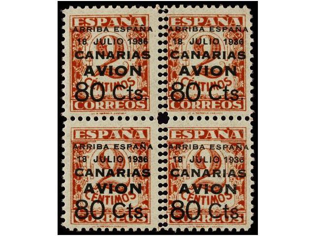 990 * ESPAÑA: CANARIAS. Ed.21. <B>80 Cts. S. 2 Cts.</B> Castaño Rojo. Bloque De Cuatro<B> DENTADO VERTICAL DOBLE.</B> MU - Sonstige & Ohne Zuordnung