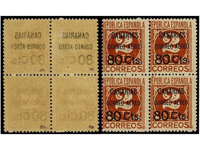 998 **/* ESPAÑA: CANARIAS. Ed.24. <B>80 Cts. S. 2 Cts.</B> Castaño. Bloque De Cuatro, Dos Sellos <B>HABILITACIÓN CALCADA - Sonstige & Ohne Zuordnung