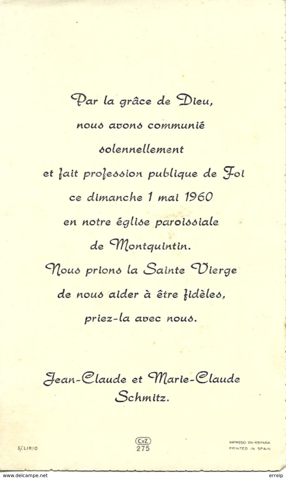 Rouvroy  Jean Claude Marie Claude Schmitz Profession De Foi Montquintin 1960 - Rouvroy