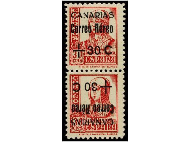 1022 * ESPAÑA: CANARIAS. Ed.40hvhi. <B>30 Cts. S. 30 Cts.</B> Carmín. Pareja Vertical, Un Sello<B> SOBRECARGA INVERTIDA. - Otros & Sin Clasificación