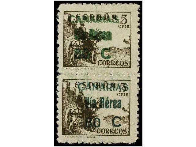 1029 * ESPAÑA: CANARIAS. Ed.45hh. <B>80 Cts. S. 5 Cts.</B> Castaño. Pareja Vertical, Sello Superior <B>SOBRECARGA DOBLE. - Otros & Sin Clasificación