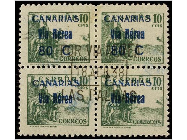 1030 ° ESPAÑA: CANARIAS. Ed.45A + 46he. <B>80 Cts. S. 10 Cts.</B> Verde (sello Cambiado) En Bloque De Cuatro, Sellos Inf - Sonstige & Ohne Zuordnung