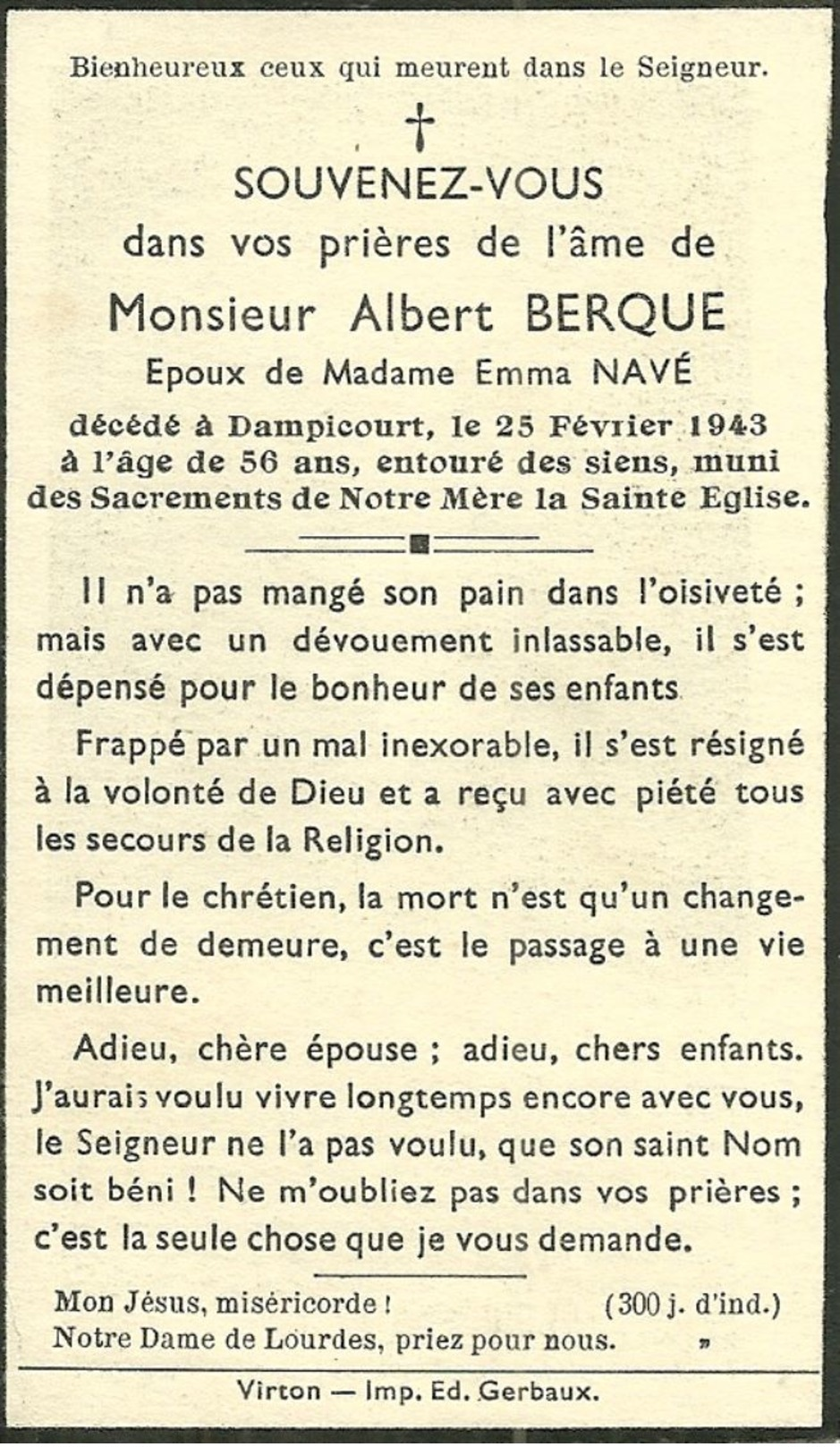 Rouvroy  Dampicourt Albert Berque 1887 1943 Epoux De Emma Navé - Rouvroy