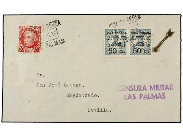 1057 ESPAÑA: CANARIAS. Ed.4 (2). 1936. LAS PALMAS A SEVILLA. <B>50 Cts.</B> <B>s. 1 Cto.</B> Verde En Pareja, Un Sello < - Andere & Zonder Classificatie