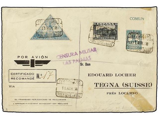 1080 ESPAÑA: CANARIAS. Ed.26sma. 1938. PUERTO DE LA LUZ A SUIZA. <B>1,25 Pts. S. 1 Cto.</B> Verde<B> SIN DENTAR MARGEN S - Autres & Non Classés