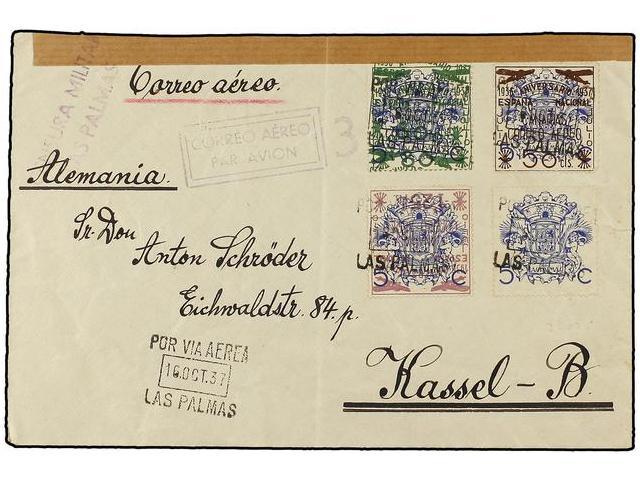 1088 ESPAÑA: CANARIAS. Ed.33hi + 32 Hh. 1937. LAS PALMAS A ALEMANIA. <B>80 Cts. S. 5 Cts.</B> <B>SOBRECARGA DOBLE</B> Y  - Otros & Sin Clasificación