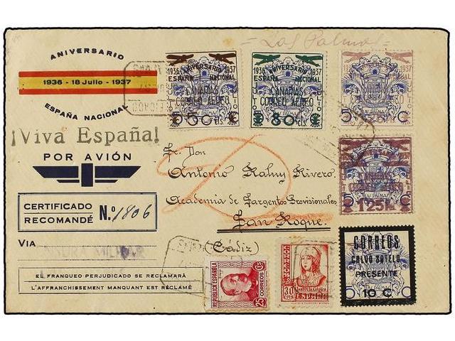 1089 ESPAÑA: CANARIAS. Ed.33hh, 31/33. 1937. LAS PALMAS A SAN ROQUE. <B>1,25 Pts. S. 5 Cts.</B> <B>SOBRECARGA DOBLE</B>  - Otros & Sin Clasificación