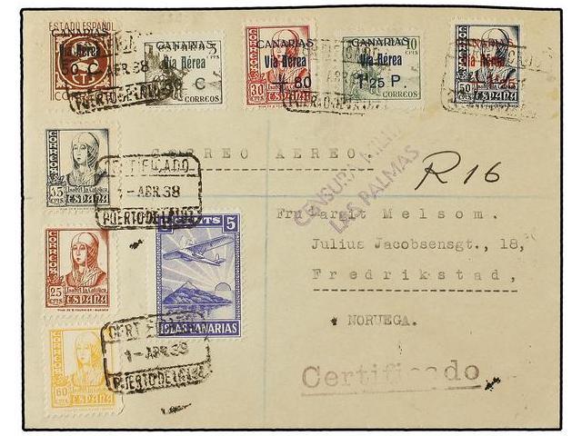 1100 ESPAÑA: CANARIAS. Ed.44/46, 50/51. 1938. PUERTO DE LA LUZ A NORUEGA. Precioso Franqueo, Al Dorso Llegada. - Otros & Sin Clasificación