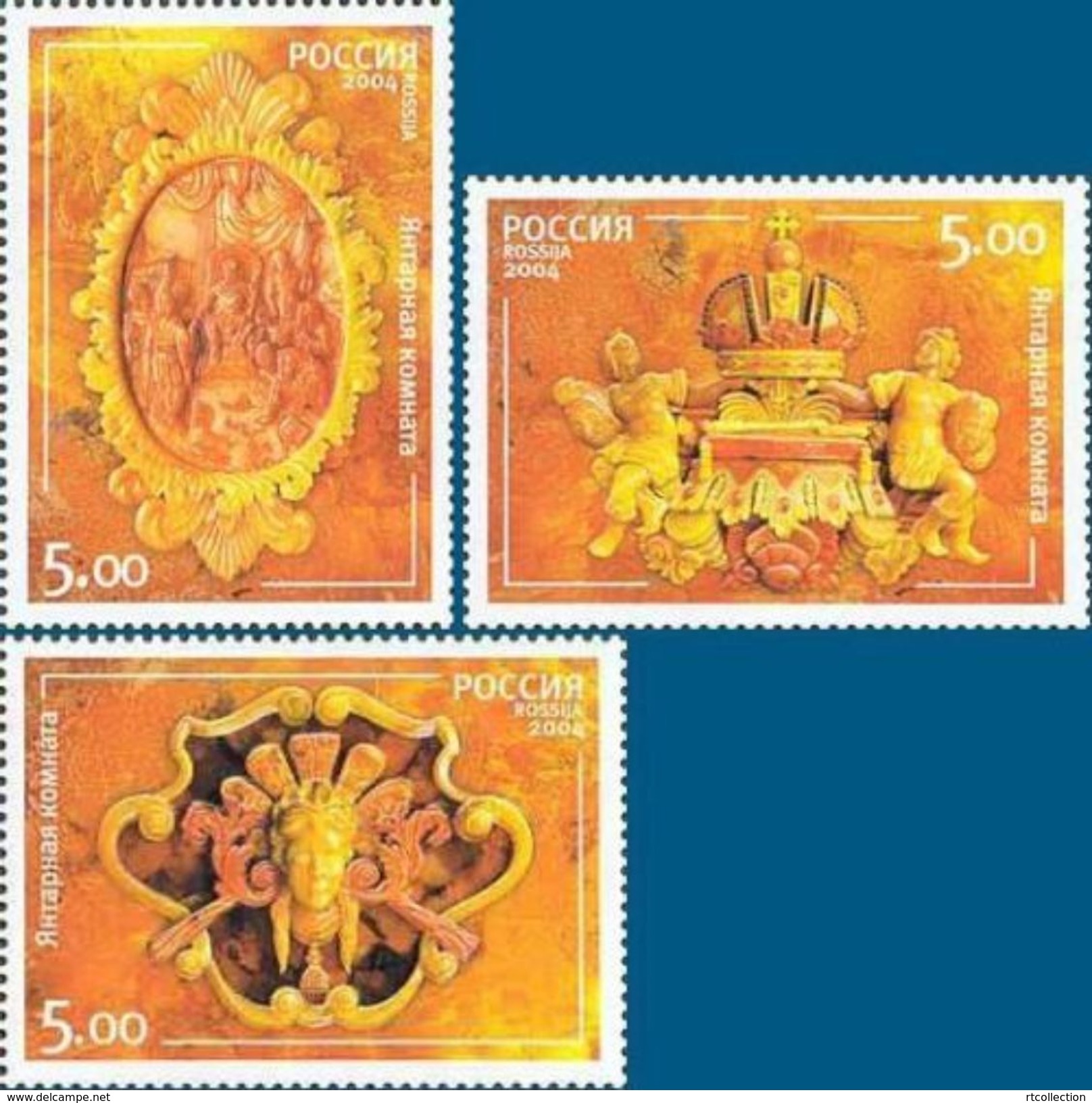 Russia 2004 Amber Room State Museums Tzarskoje Selo Art Frame Russian Crown Cultures Stamps MNH Sc 6841-43 Mi 1177-79 - Sonstige & Ohne Zuordnung