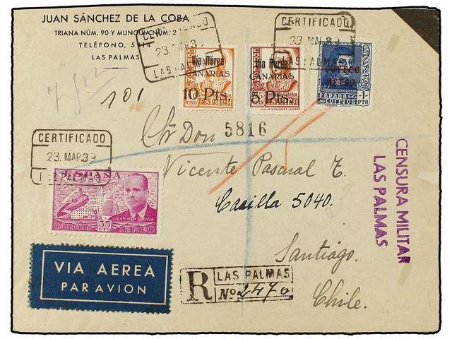 1106 ESPAÑA: CANARIAS. Ed.48/49. 1939. LAS PALMAS A SANTIAGO (Chile). Preciosa Combinación De Franqueo. - Andere & Zonder Classificatie