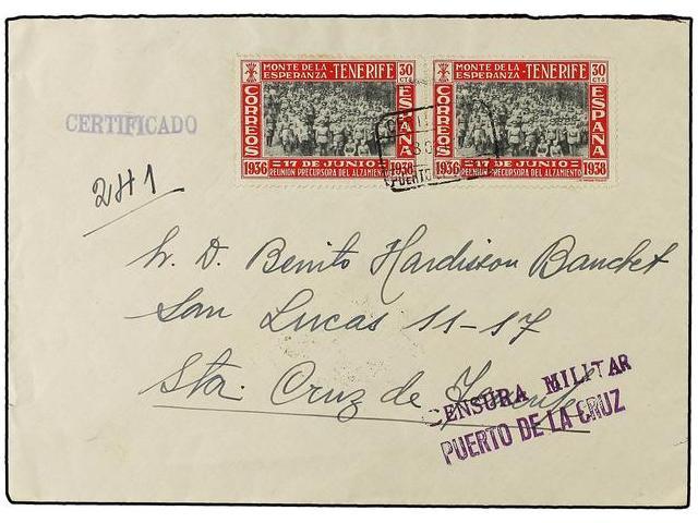 1108 ESPAÑA: CANARIAS. Ed.52 (2). 1938 (3 Octubre). PUERTO DE LA CRUZ A SANTA CRUZ DE TENERIFE. <B>30 Cts.</B> Rojo Y Ne - Otros & Sin Clasificación