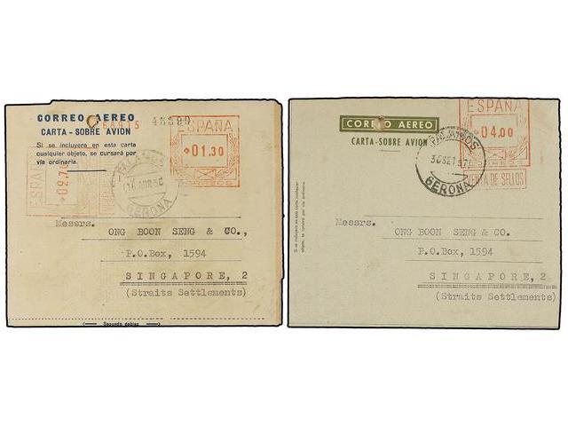 1120 ESPAÑA ENTEROS POSTALES. 1956-57. Dos Aerogramas Circulados A SINGAPUR Con Franqueos De <B>4 Pts. </B>(Ed. 44) Y <B - Autres & Non Classés