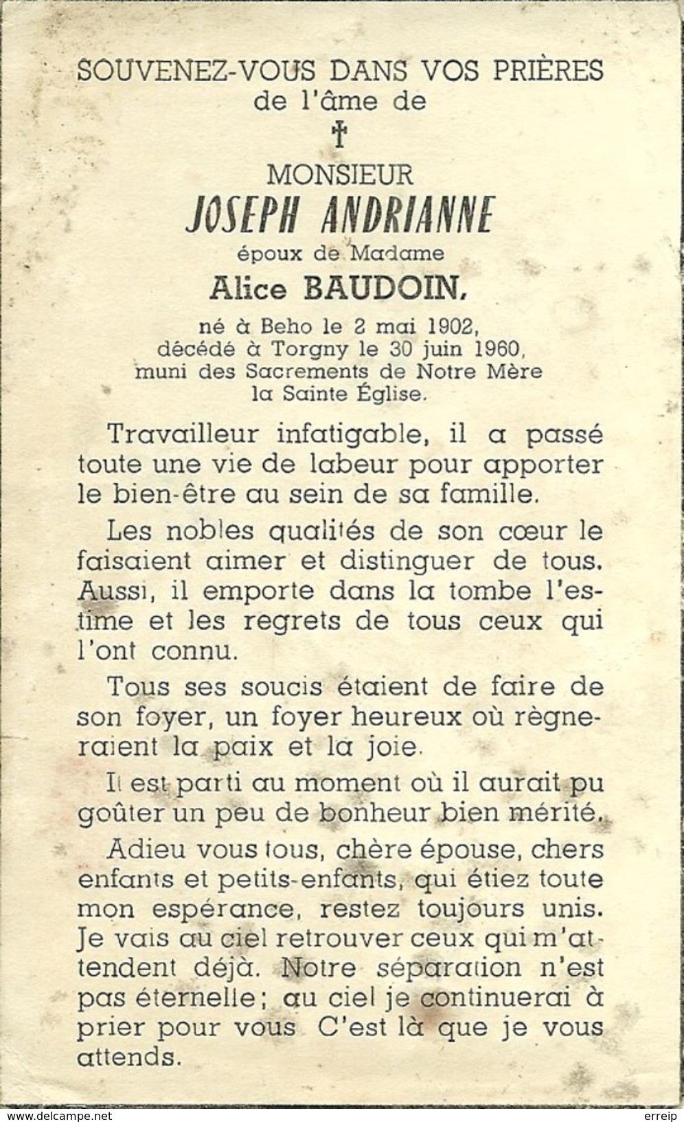 Rouvroy Torgny Joseph Andrianne Beho 1902 Torgny 1960 Epoux De Alice Baudouin - Rouvroy