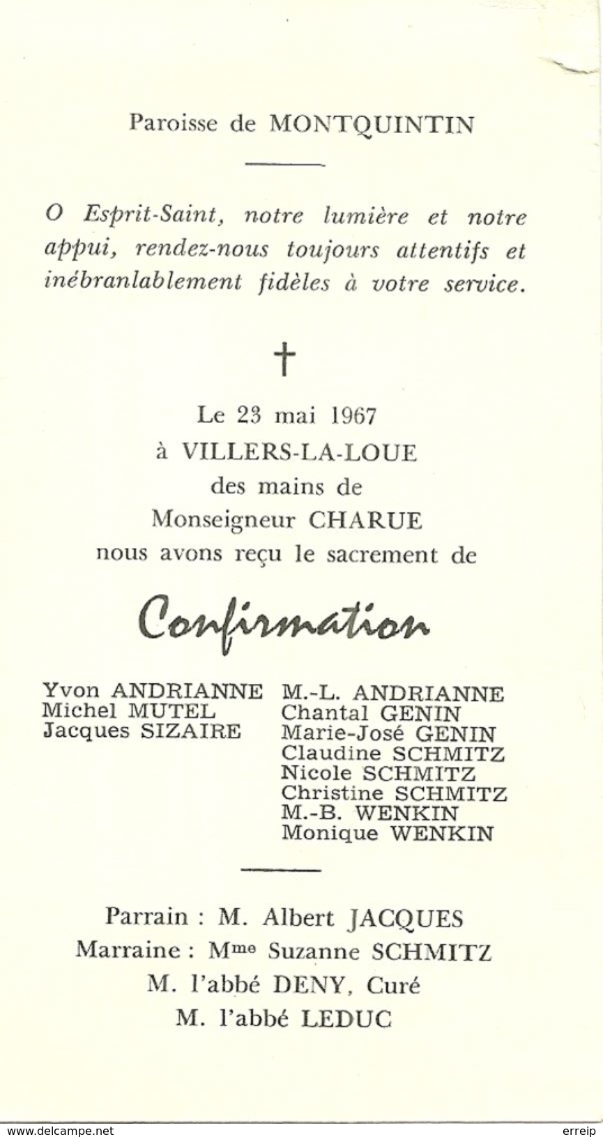 Rouvroy Paroisse De Montquintin Villers La Loue Confirmation 1967 - Rouvroy