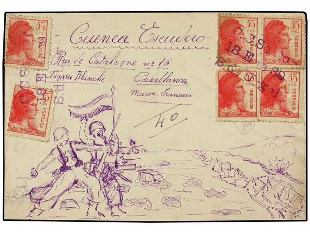 1152 ESPAÑA GUERRA CIVIL. 1939 (18 Enero). SEO DE URGEL A CASABLANCA. Sobre Ilustrado Por Correo Certificado Con Franque - Otros & Sin Clasificación