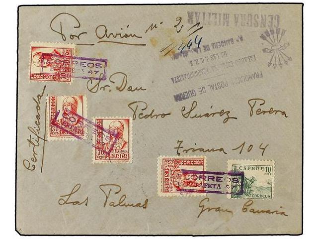 1153 ESPAÑA GUERRA CIVIL. 1938. SEVILLA A LAS PALMAS, Circulada Con Sellos De <B>10 Cts.</B> Verde, <B>30 Cts.</B> Carmí - Sonstige & Ohne Zuordnung