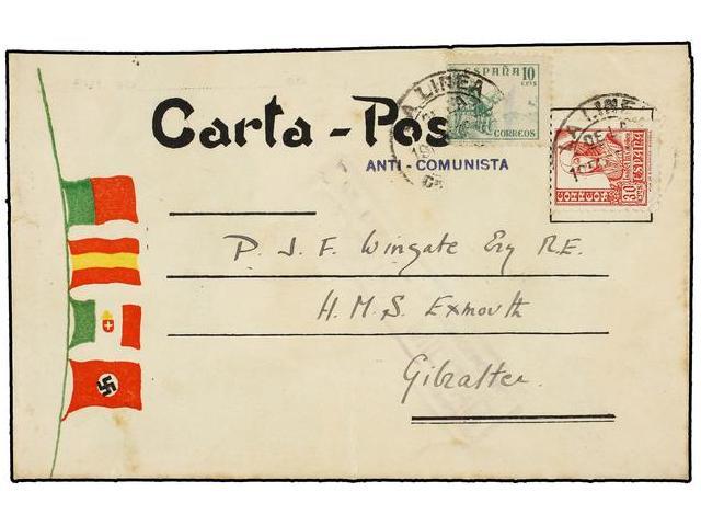 1154 ESPAÑA GUERRA CIVIL. 1938. LA LÍNEA A GIBRALTAR. <B>CARTA POSTAL ANTI-COMUNISTA</B> Ilustrada En El Interior, Edita - Otros & Sin Clasificación