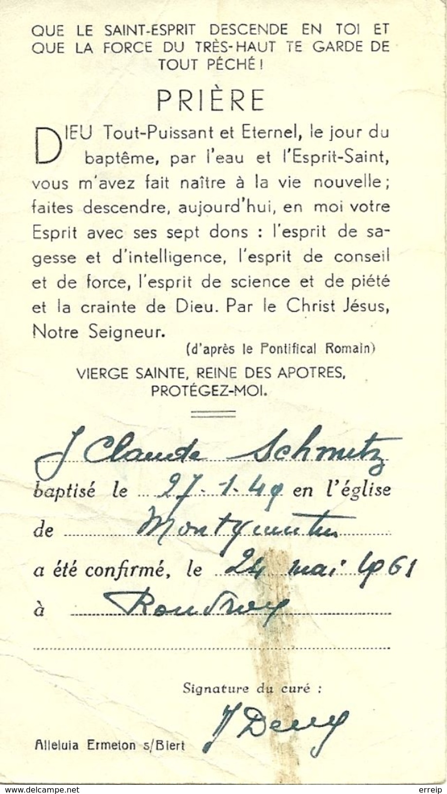 Rouvroy Montquintin Jean Claude Schmitz Bapteme 1949 Confirmation 1961 - Rouvroy