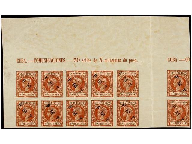 1208 * CUBA. Ed.158s (12). <B>5 Mils.</B> Castaño. Bloque De Doce <B>SIN DENTAR CON INTERPANEL CENTRAL</B> Y Habilitació - Autres & Non Classés