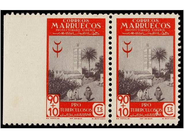 1252 ** MARRUECOS. Ed.274. <B>90 + 10 Cts.</B> Rojo Y Violeta. Pareja, Un Sello <B>SIN DENTAR MARGEN IZQUIERDO. </B>Rarí - Otros & Sin Clasificación