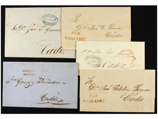 1329 LOTES Y COLECCIONES. <B>ESPAÑA PREFILATELIA.</B> 5 Cartas Con Marcas De <B>COSARIOS GADITANOS</B>, <B>Ballarde, Ber - Otros & Sin Clasificación