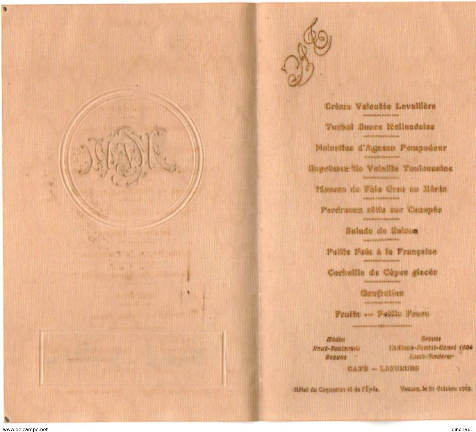 VP11.116 - Hotel Du Commerce & De L'Epée à VANNES - Ancien Menu De 1919 - Menu