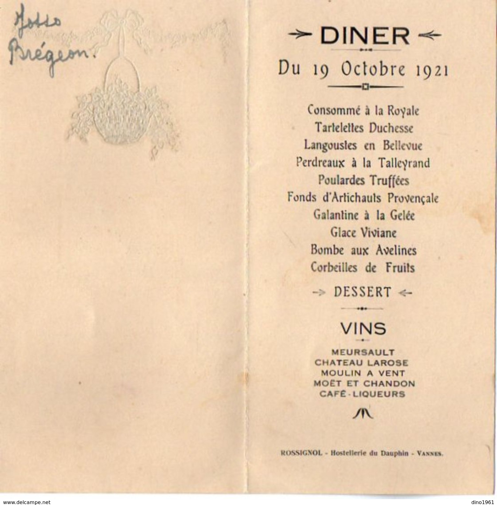 VP11.118 - Hostellerie Du Dauphin à VANNES - Ancien Menu De 1921 - Famille LE DUIGOU - Menu