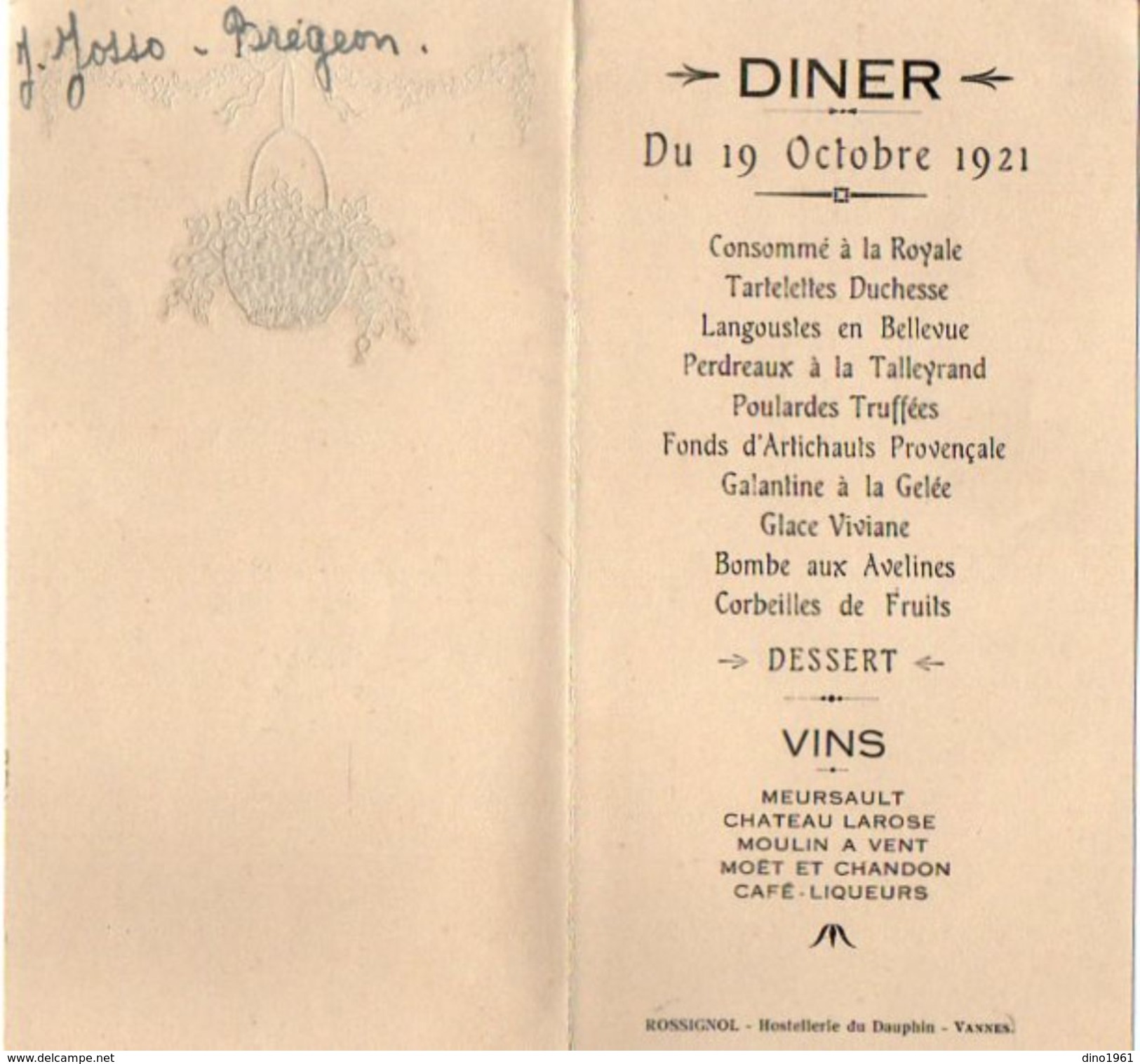 VP11.119 - Hostellerie Du Dauphin à VANNES - Ancien Menu De 1921 - Famille LE DUIGOU - Menus