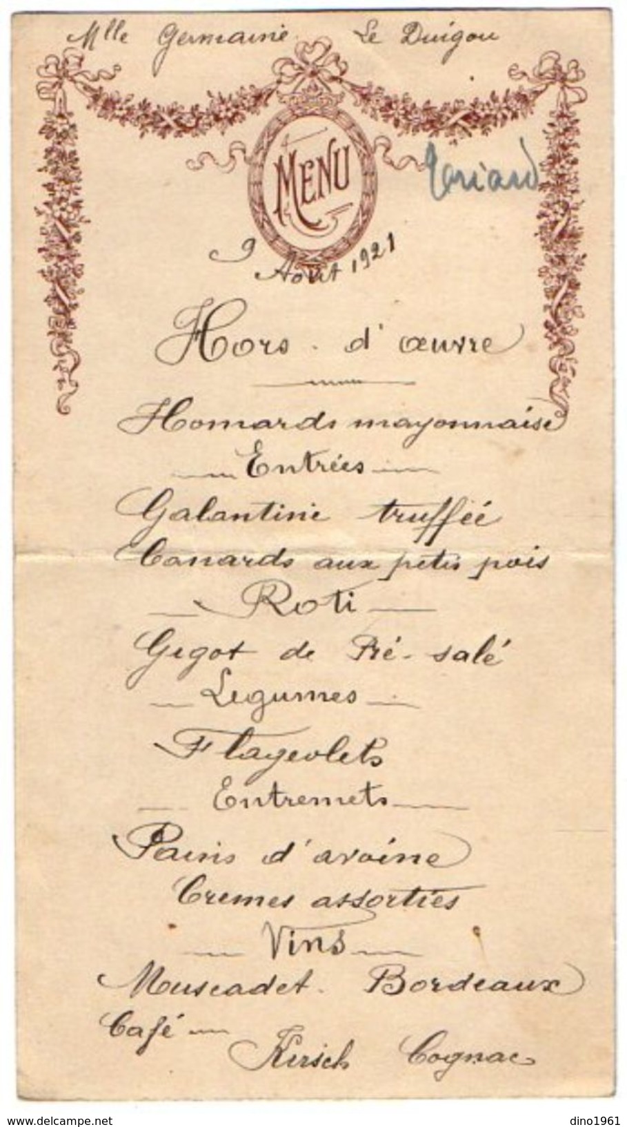 VP11.122 - Ancien Menu De 1921 - Famille LE DUIGOU - Menu