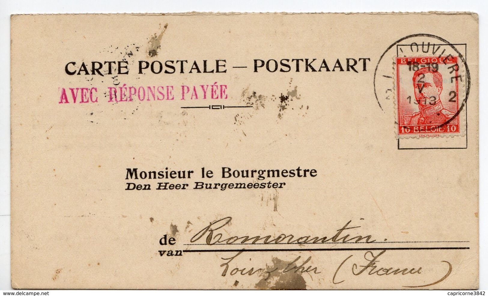 1913 - Belgique - Carte Postale  Avec Réponse Payée Expédiée De La Louvière. Tp Albert 1er N° 118 - 1912 Pellens