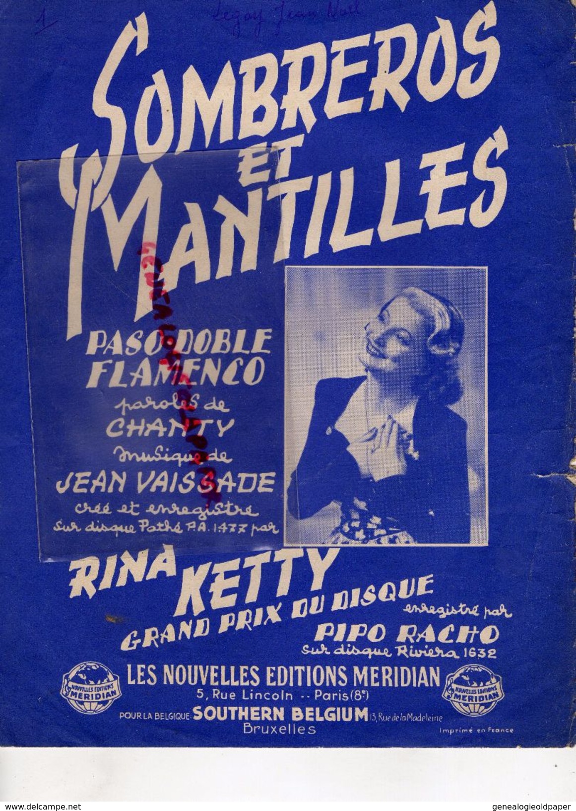 BELGIQUE- BRUXELLES-PARTITION MUSIQUE-SOMBREROS ET MANTILLES-PASO DOBLE FLAMENCO-JEAN VAISSADE-RINA KETTY-1953 - Partitions Musicales Anciennes