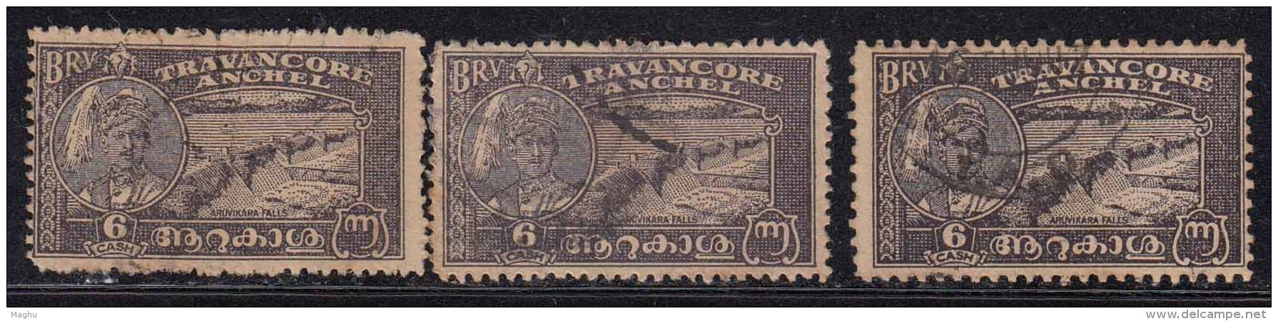 6ca X 3 Shades /  Perferation Varities, Travancore Used 1941, British India - Travancore