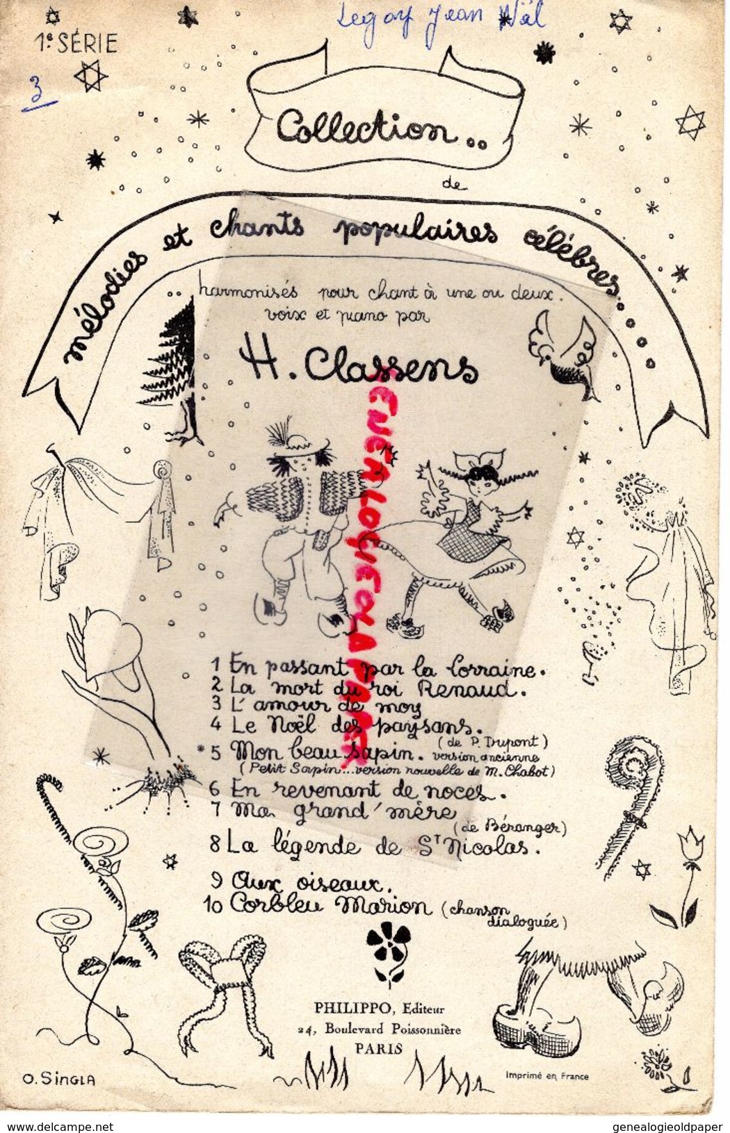 PARTITION MUSIQUE- MELODIES ET CHANTS POPULAIRES CELEBRES-H.CLASSENS-MON BEAU SAPIN-EDITEUR PHILIPPO PARIS 1951 - Scores & Partitions