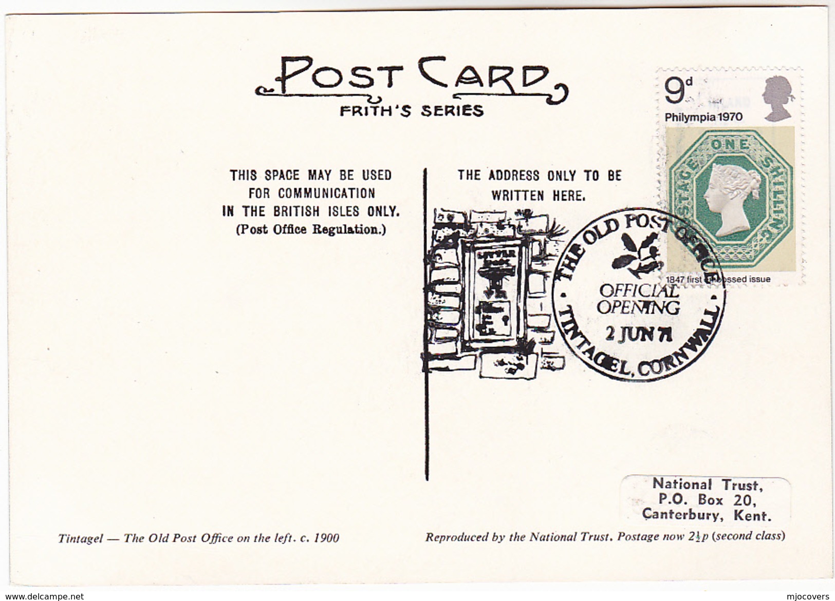 1971 GB The OLD POST OFFICE TINTAGEL EVENT COVER  Franked PHLYMPIA  STAMP ON STAMPS Postcard - Stamps On Stamps