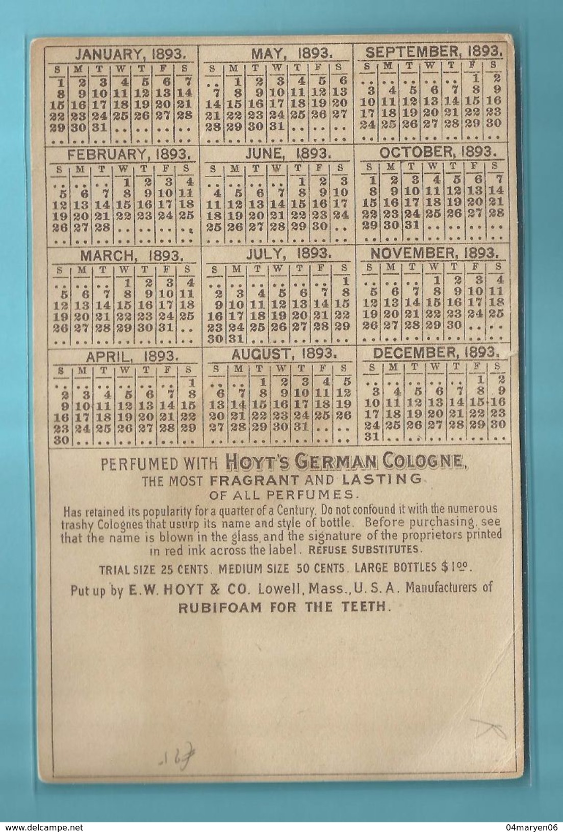 ""   LADIES  PERFUMED  CALENDER    "" - 1893 - **E.W. HOYT & C° Lowell,Mass. - Autres & Non Classés