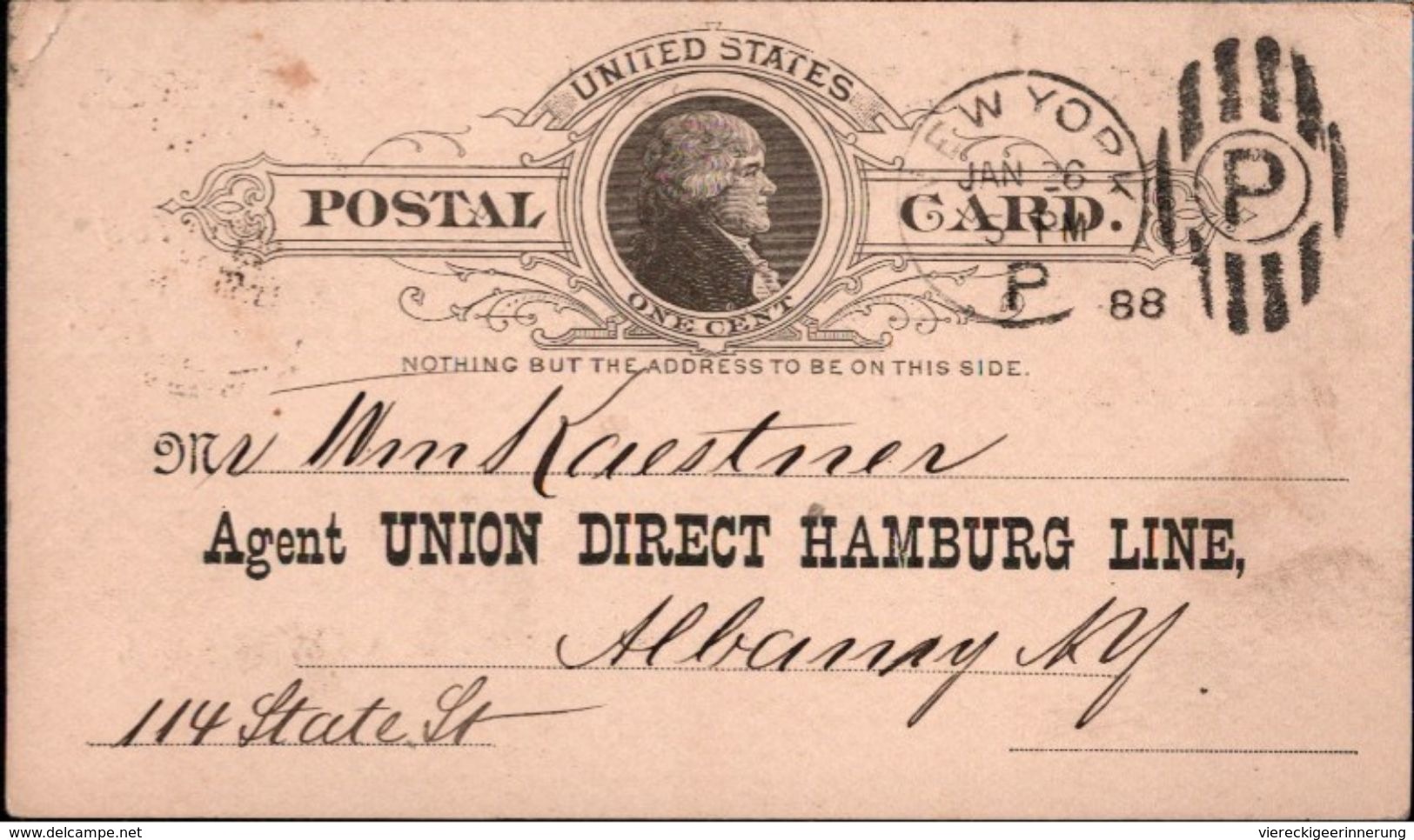 ! 1888 Postal Stationary USA, Ganzsache, Union Direct Hamburg Line, Albany - ...-1900