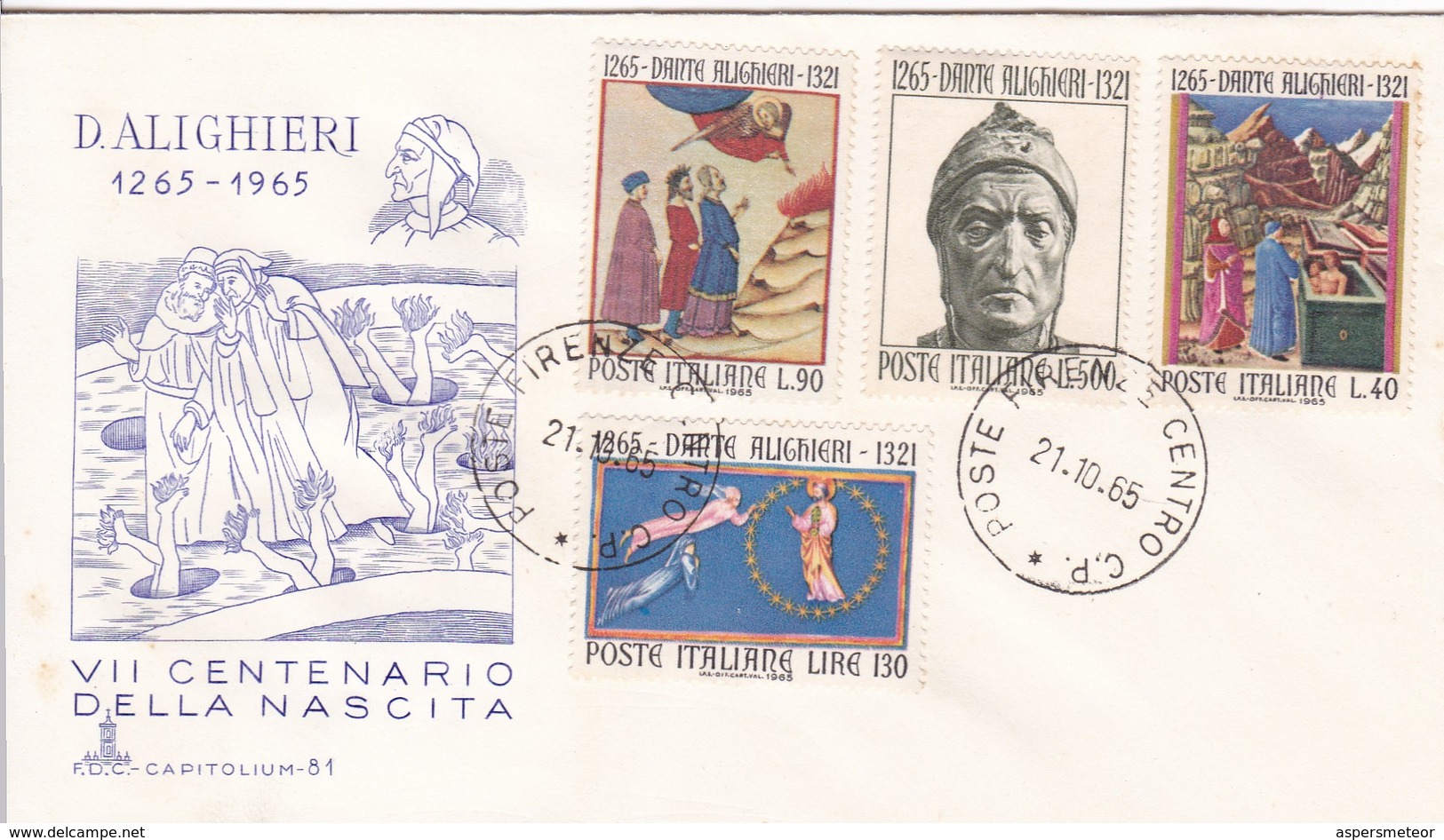 7°CENTENARIO DELLA NASCISTA DI DANTE ALIGHIERI. ITALIA/L'ITALIE/ITALY. 1965 - FDC - BLEUP - FDC